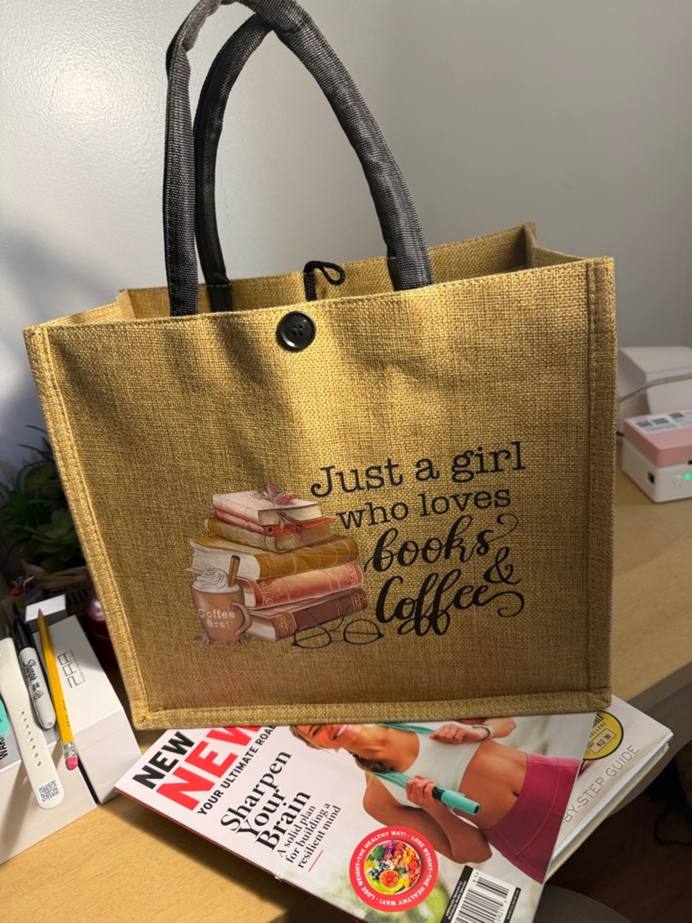 Yellow 'Just a Girl Who Loves Books & Coffee' Tote Bag with Black Handles
